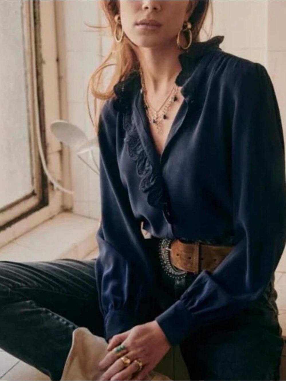 Excellent Sezane Navy Chlo Ruffle-Trim Silk 34 2